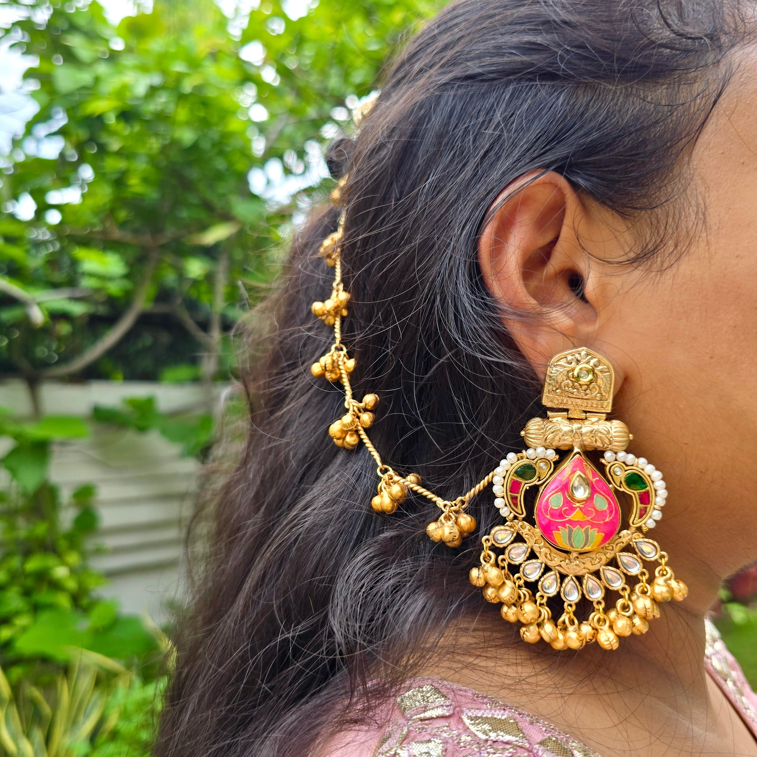 Rajmata Chandbalis with Ear chain-Pink