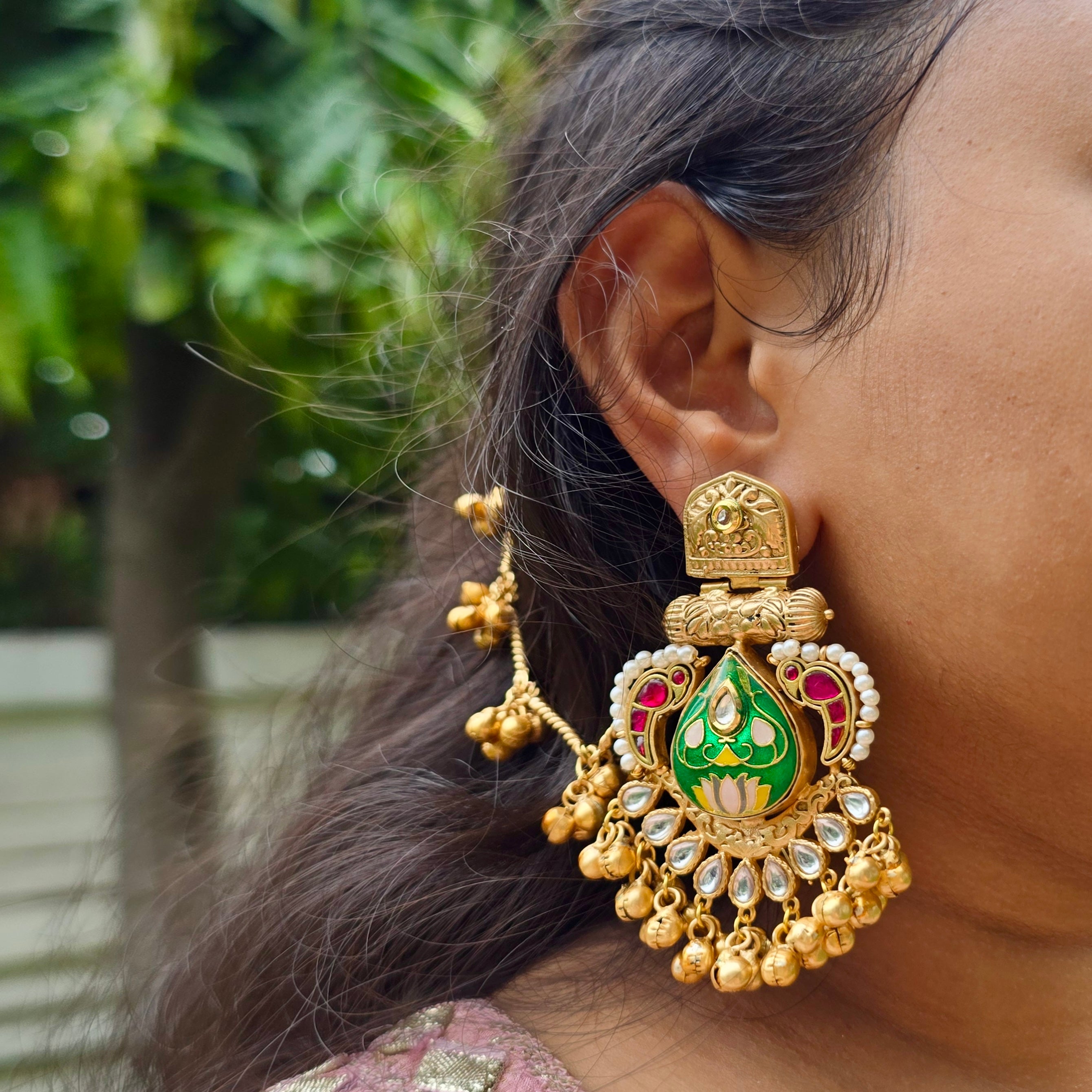 Rajmata Chandbalis with Ear chain-Green
