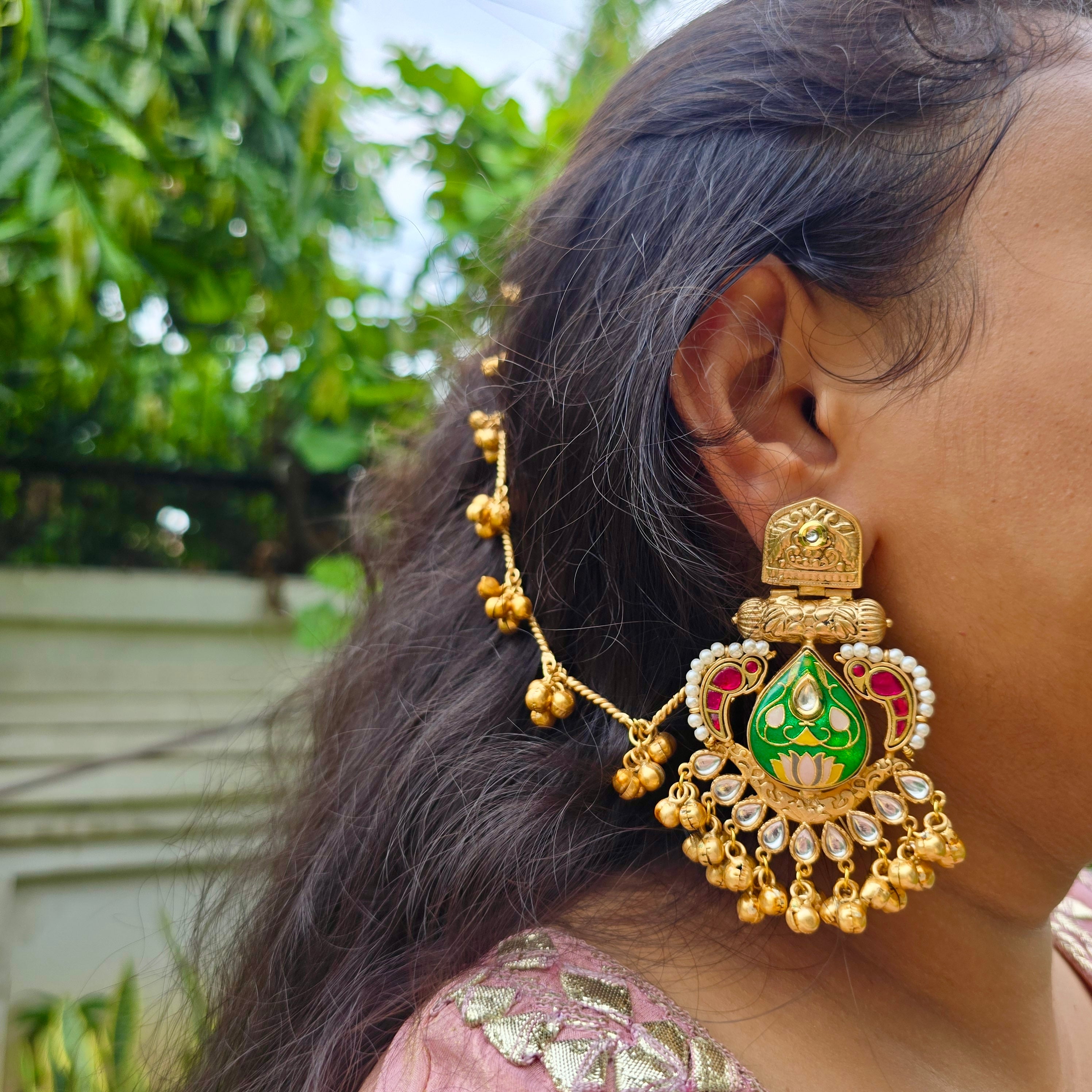 Rajmata Chandbalis with Ear chain-Green