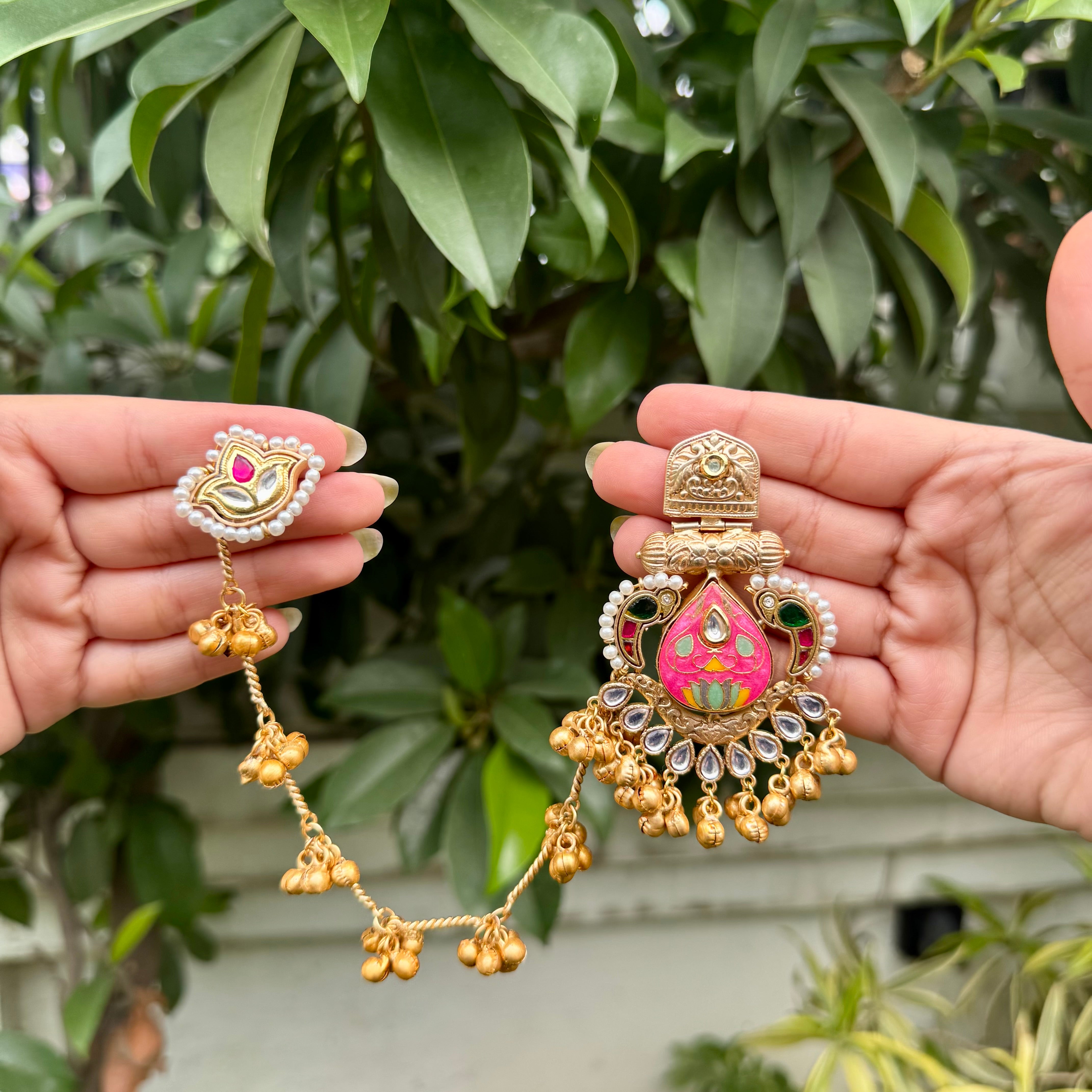 Rajmata Chandbalis with Ear chain-Pink