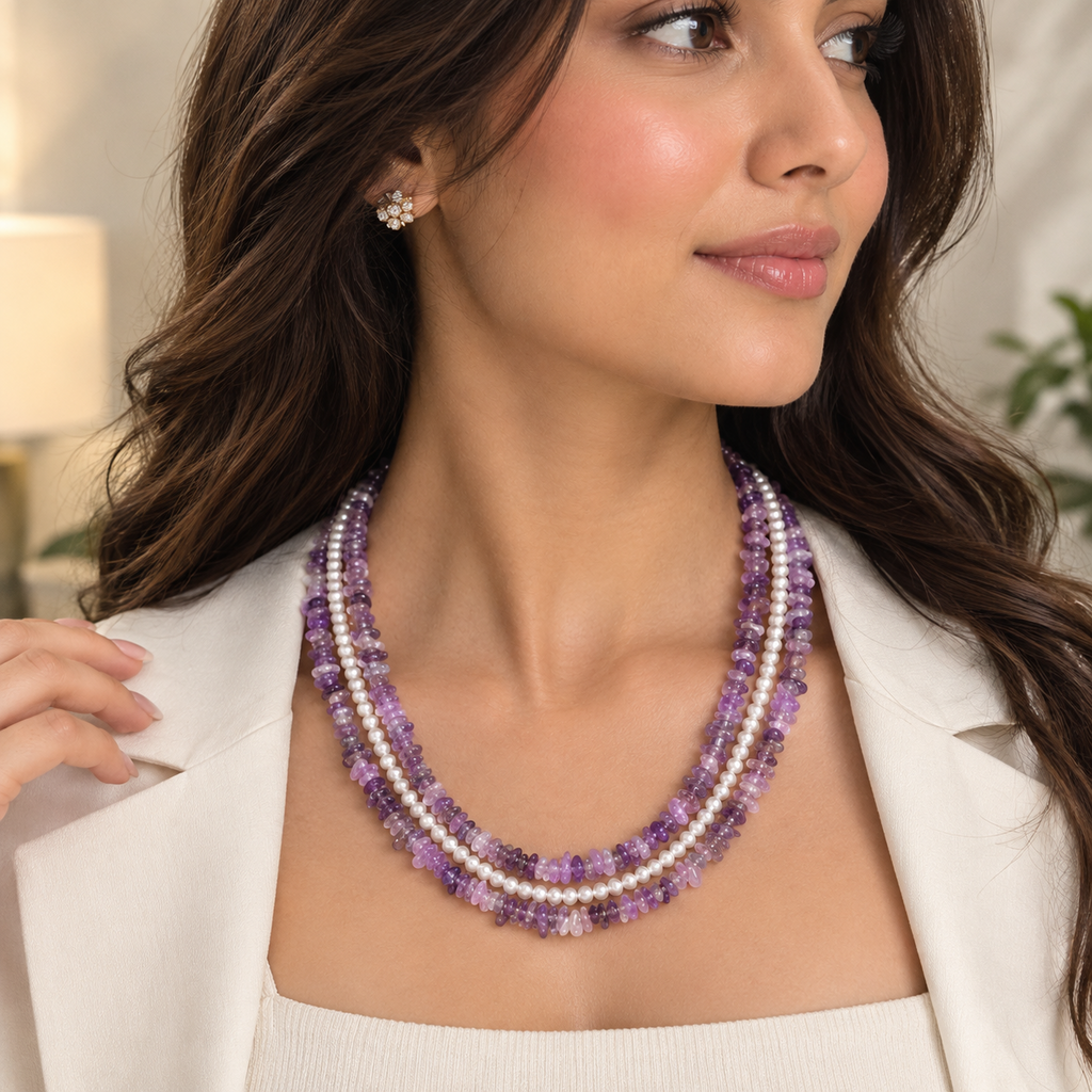 Uncut Amethyst and Pearls Necklace
