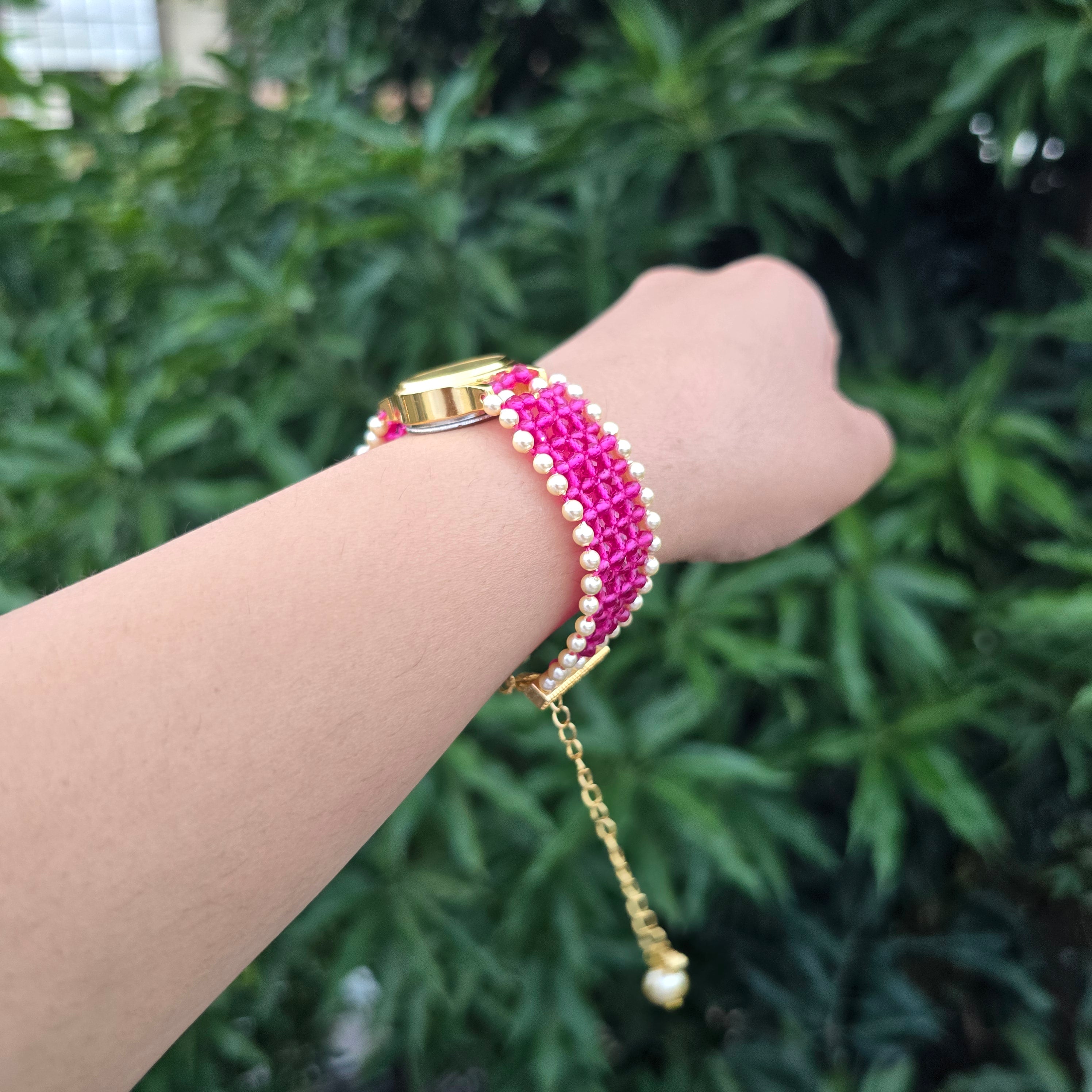 Pink Check Pattern with Pearls Beaded Watch