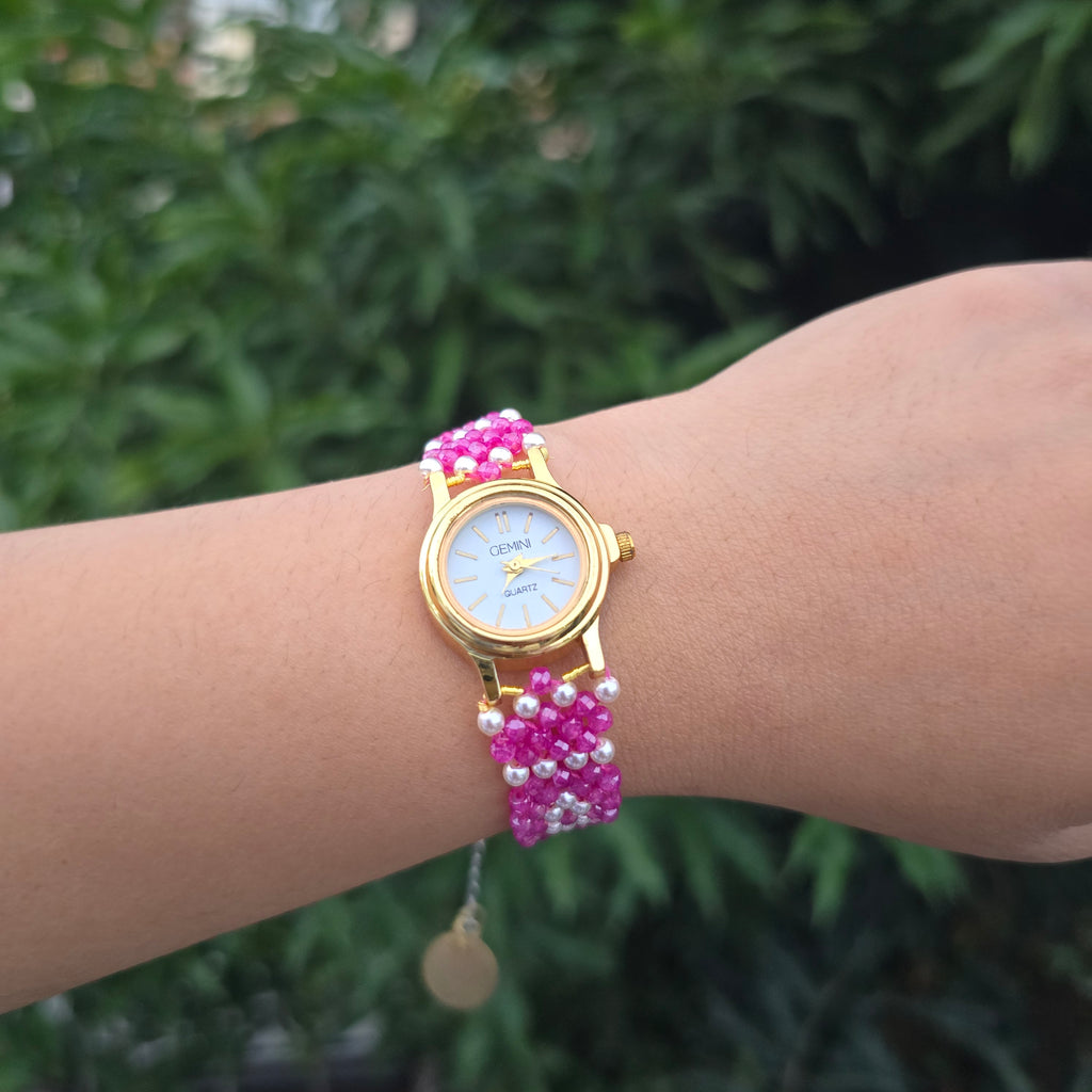 Pink and White Patterned Beaded Watch