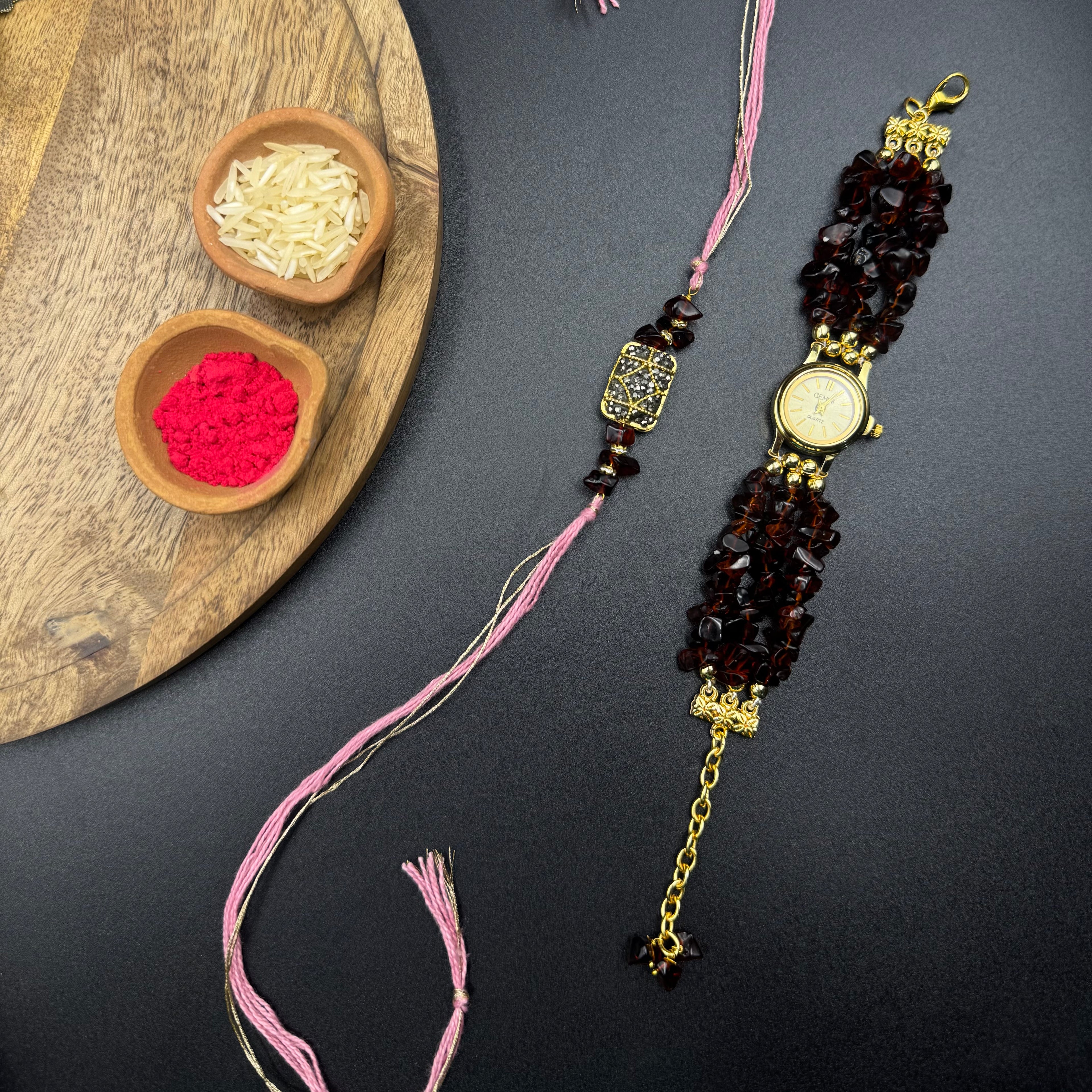 Brown Uncut Stones Watch and Rakhi Combo