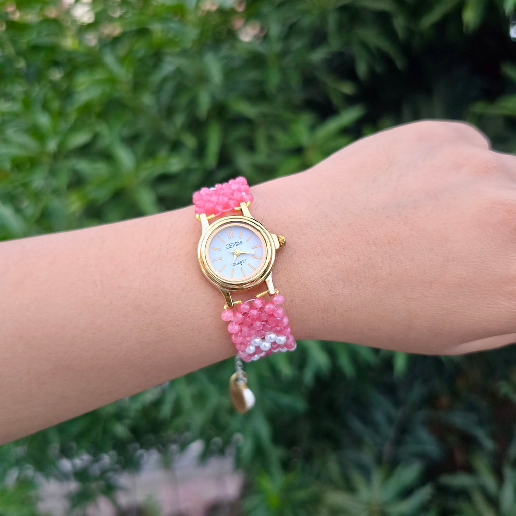 Rose Pink and White Beaded Watch
