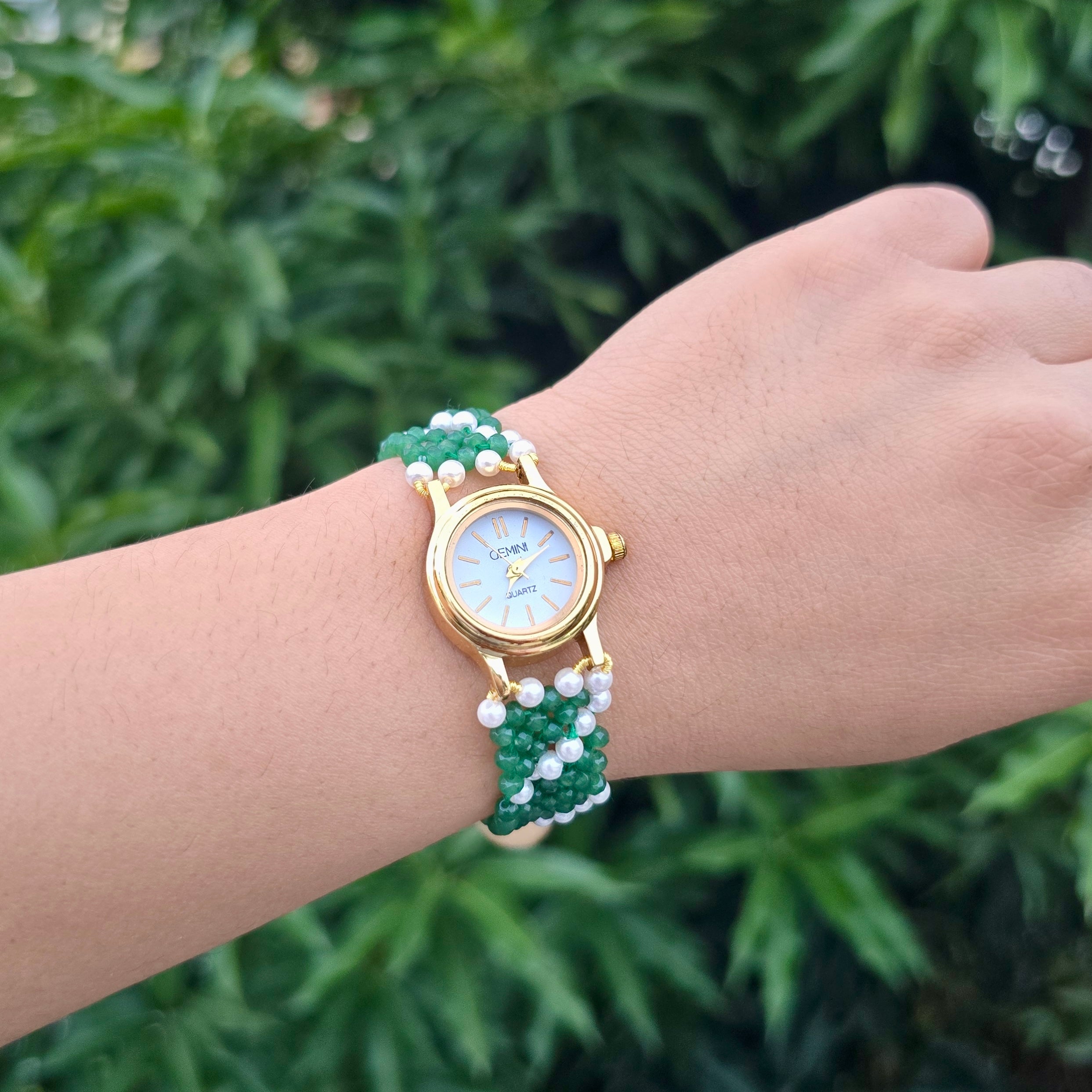 Green and White Beaded Watch