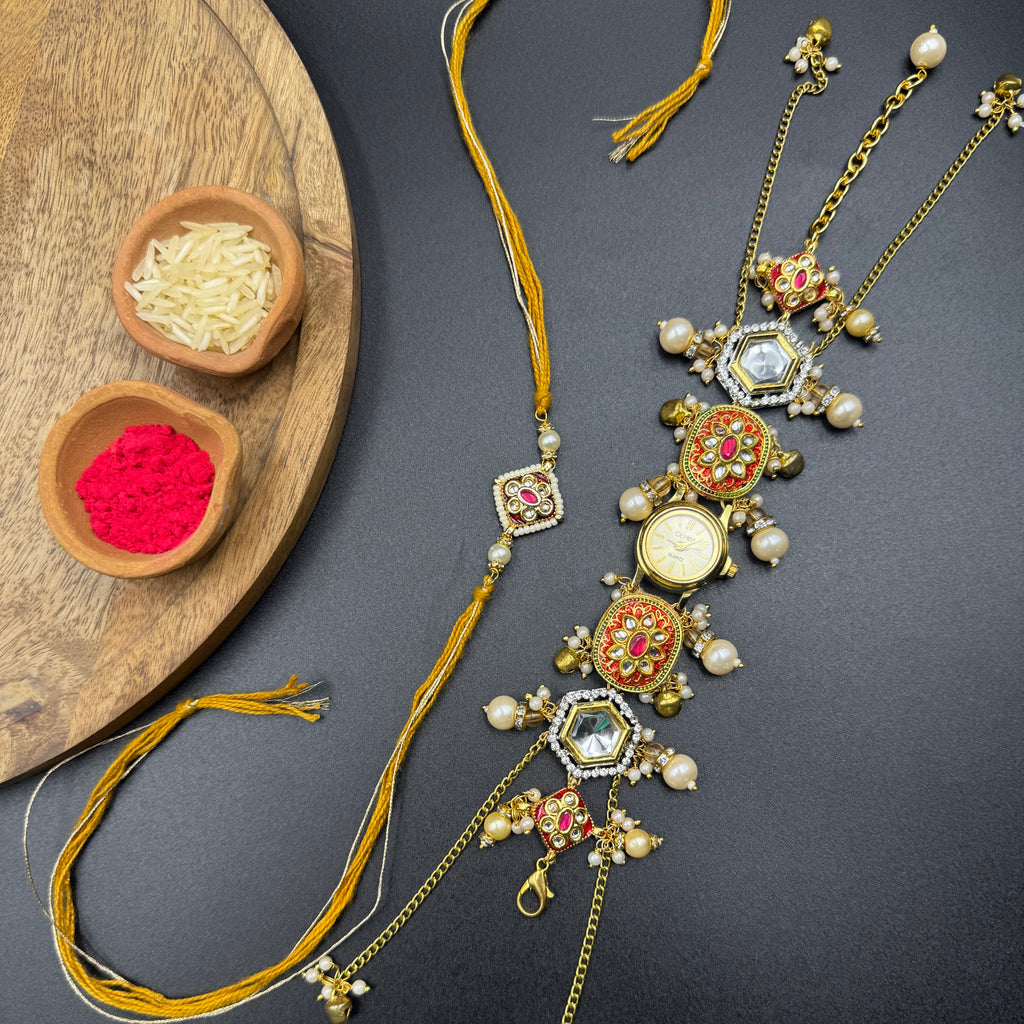Kundan Meena Kashmiri Watch and Rakhi Combo