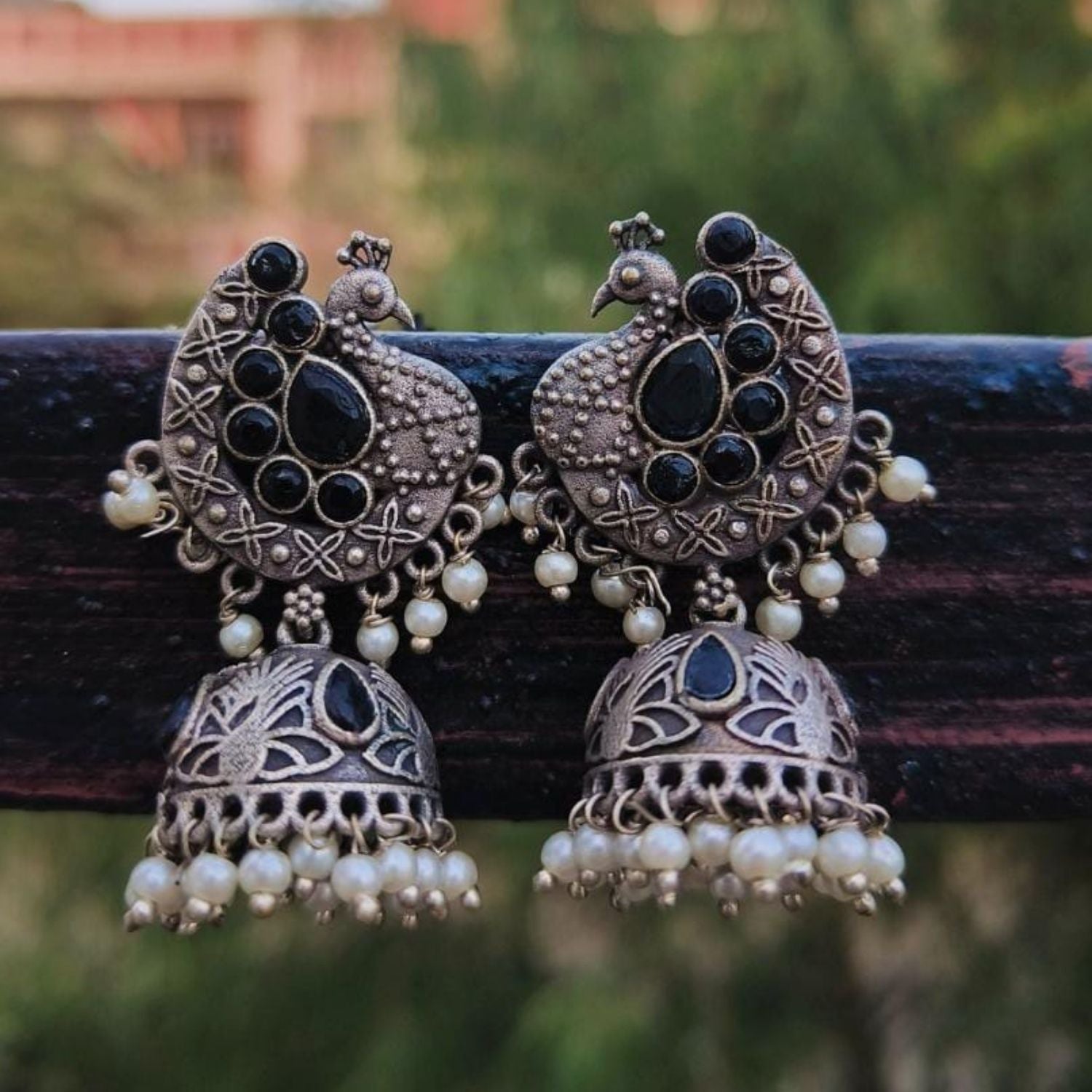 Oxidized Peacock Jhumka