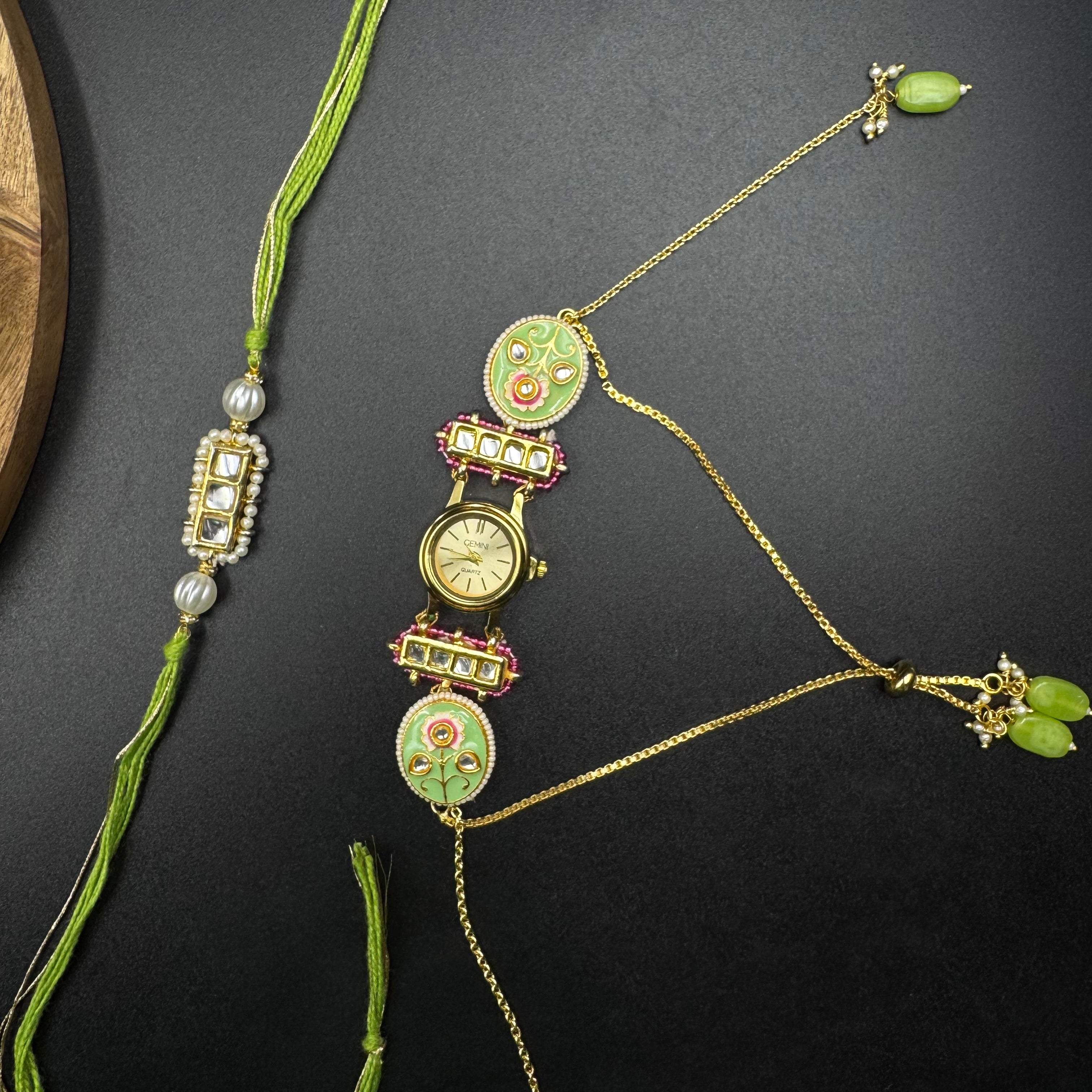 Green Pink Meena Kundan Watch and Rakhi Combo