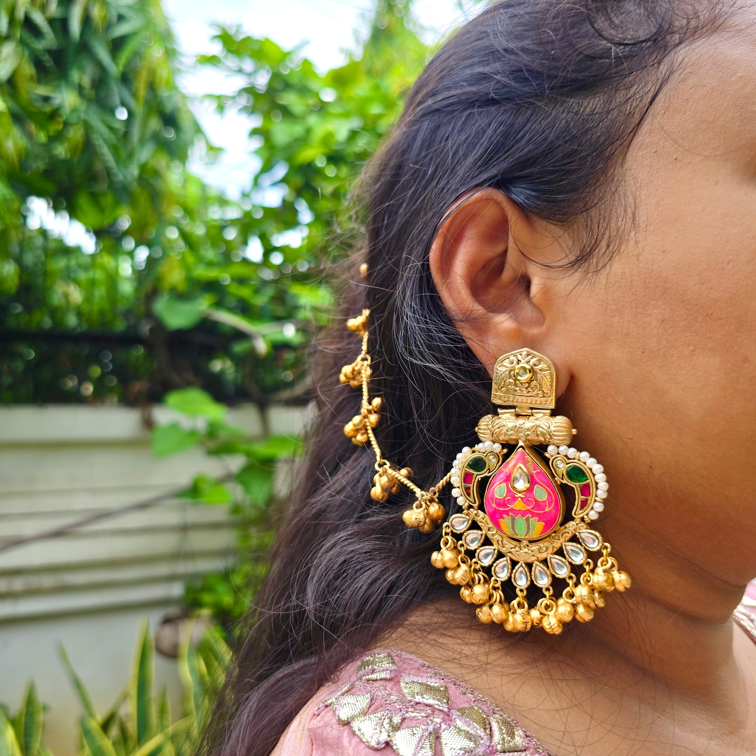 Rajmata Chandbalis with Ear chain-Pink