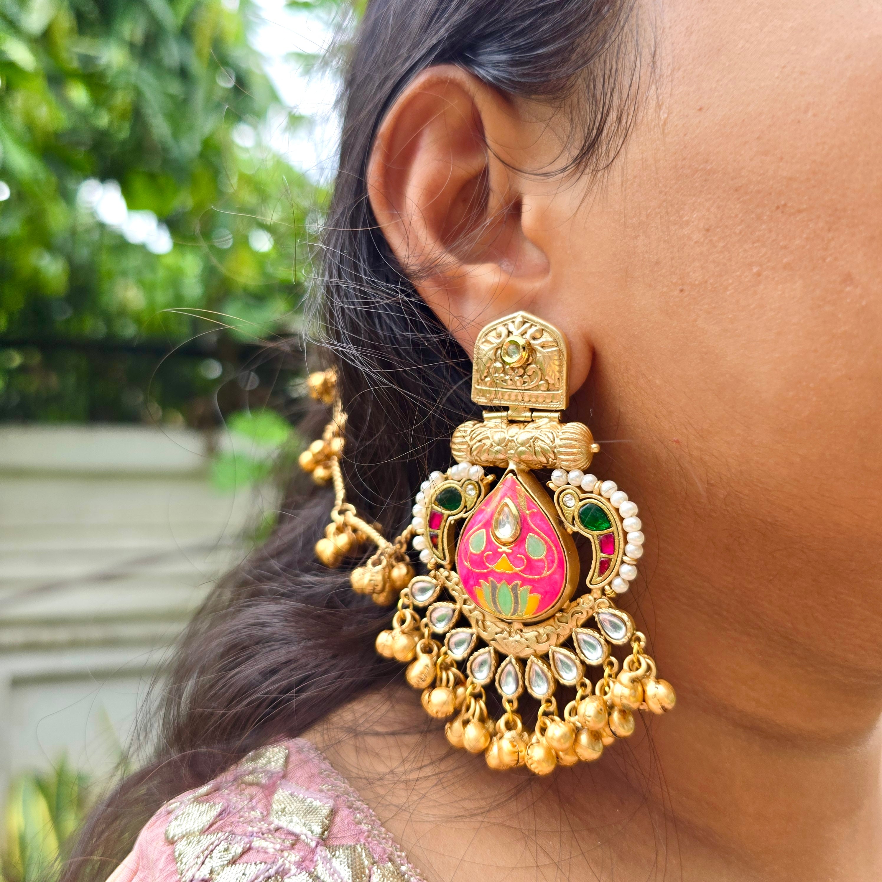 Rajmata Chandbalis with Ear chain-Pink