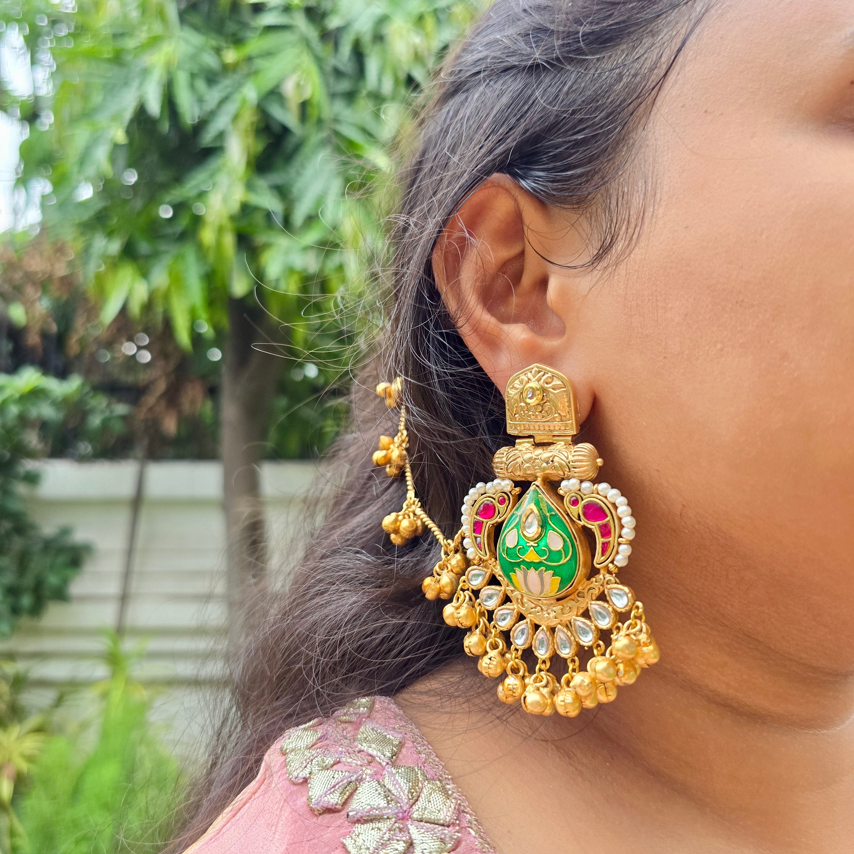 Rajmata Chandbalis with Ear chain-Green