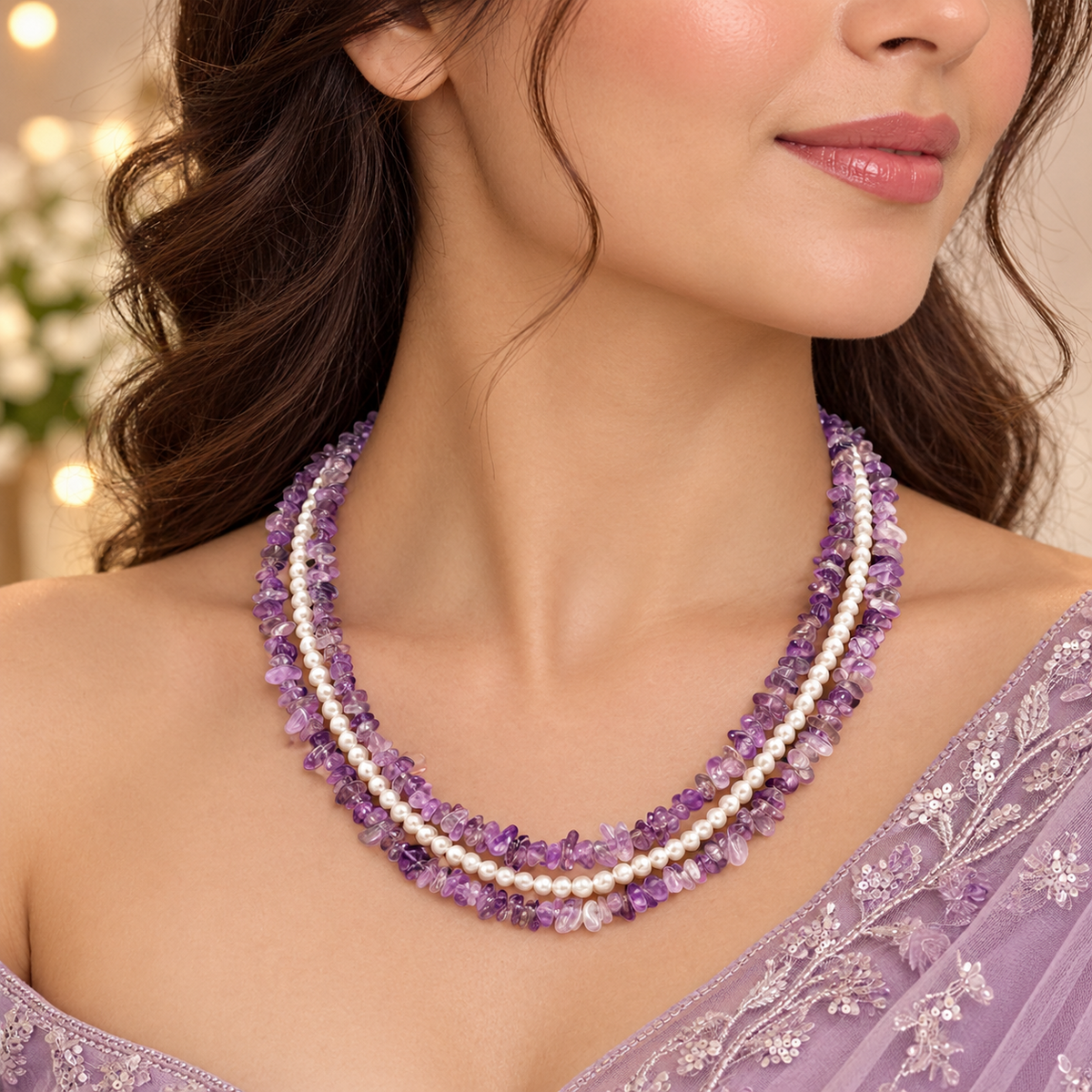 Uncut Amethyst and Pearls Necklace