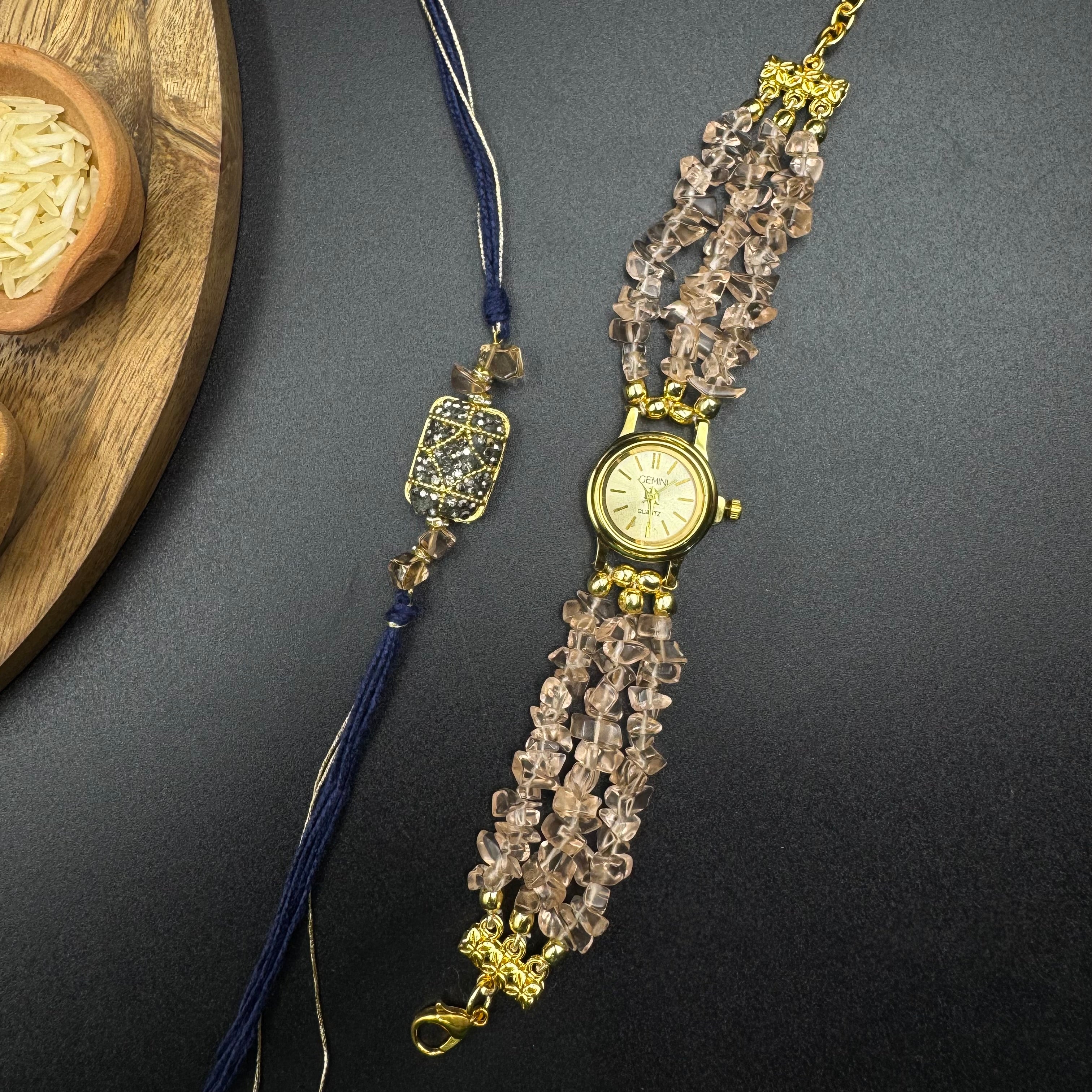 Pink Uncut Stones Watch and Rakhi Combo