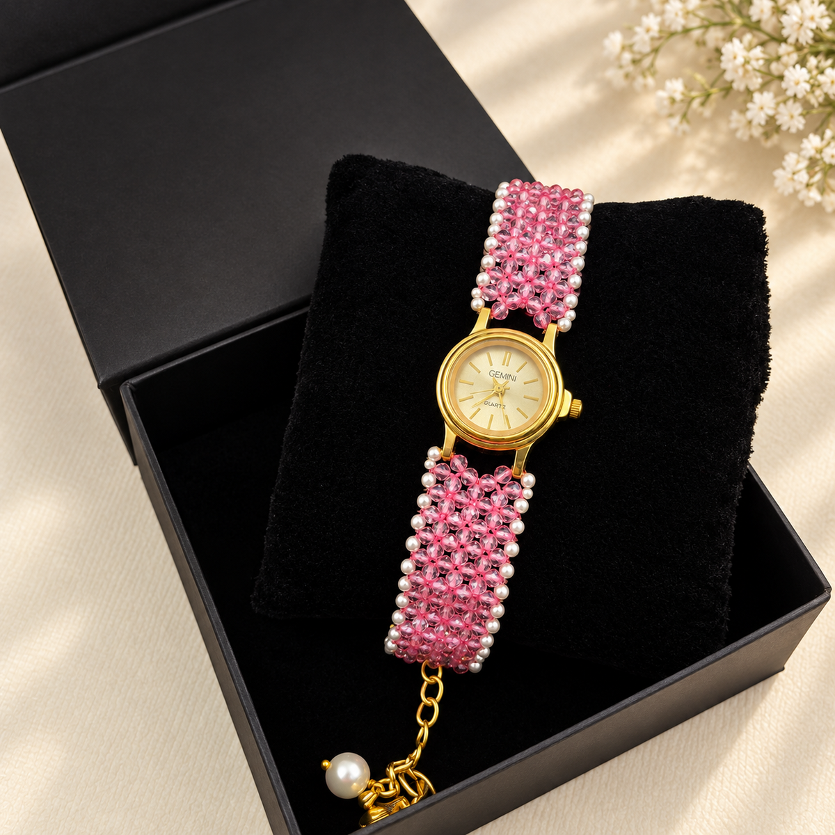 Pink Beaded Watch with Pearls