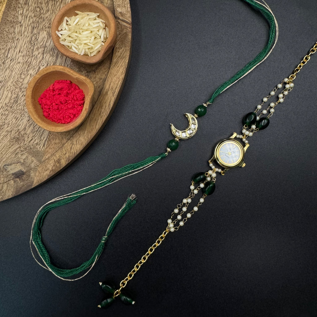 Green White Watch and Rakhi Combo