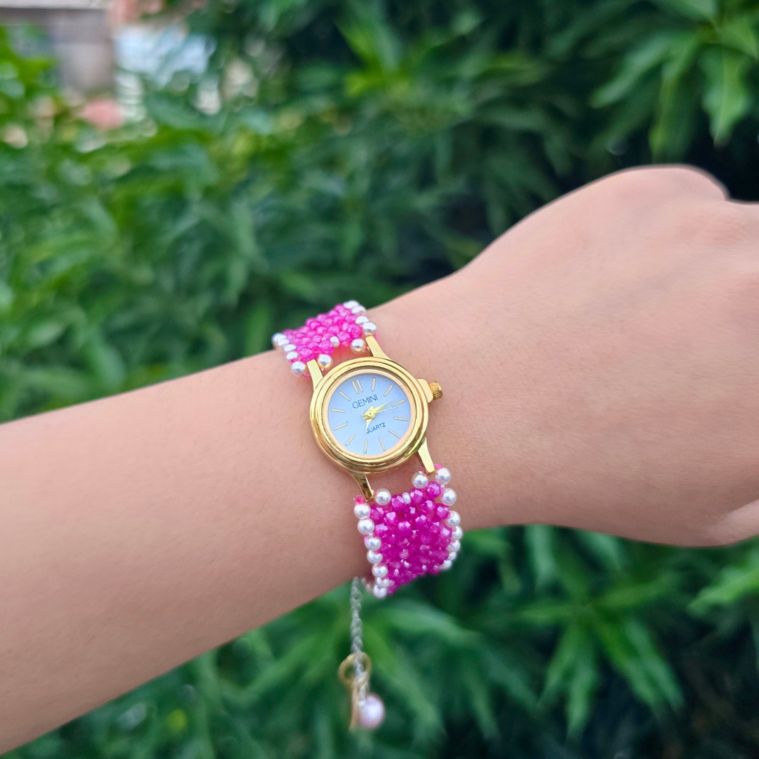 Pink and White Beaded Watch