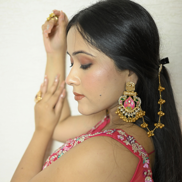 Rajmata Chandbalis with Ear chain-Pink