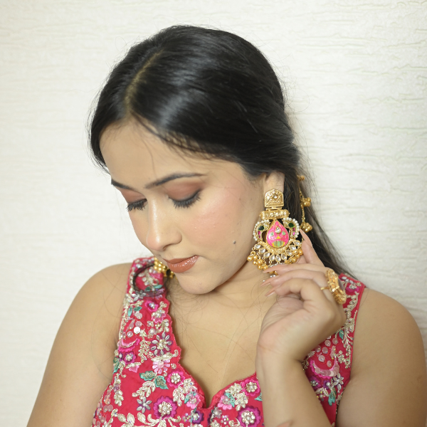 Rajmata Chandbalis with Ear chain-Pink