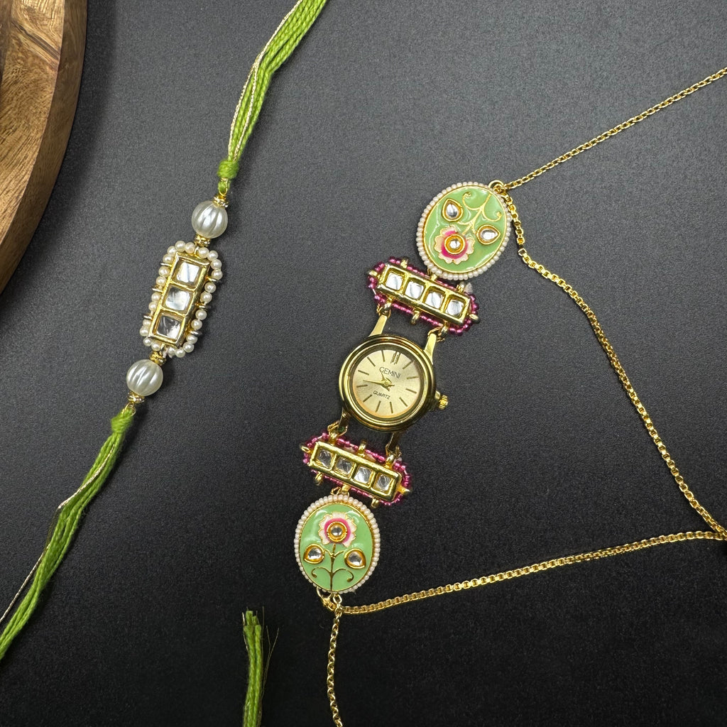 Green Pink Meena Kundan Watch and Rakhi Combo
