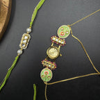 Green Pink Meena Kundan Watch and Rakhi Combo
