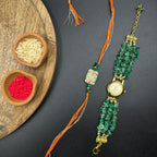 Green Uncut Stones Watch and Rakhi Combo