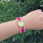 Pink Check Pattern with Pearls Beaded Watch
