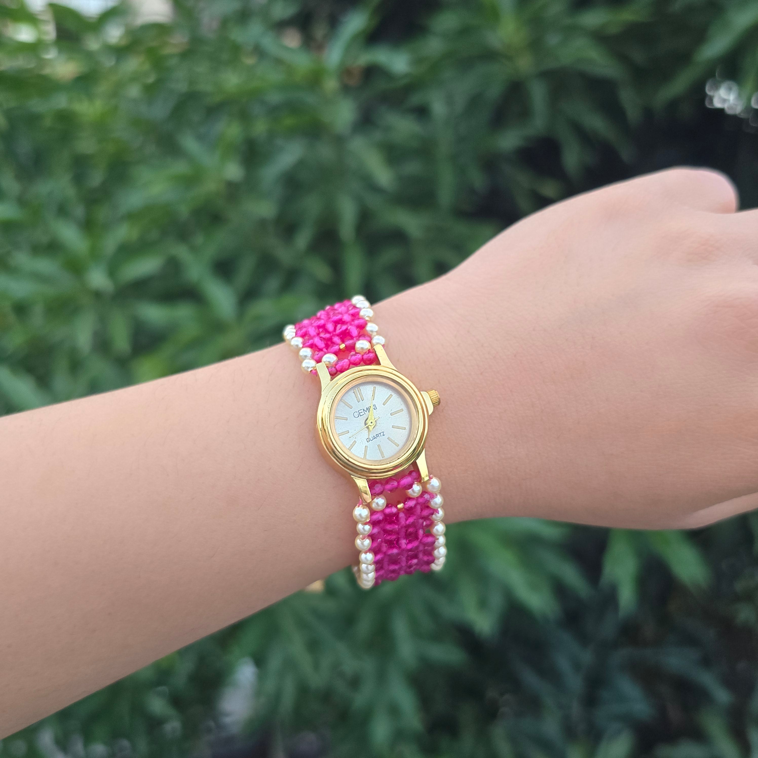 Pink Check Pattern with Pearls Beaded Watch