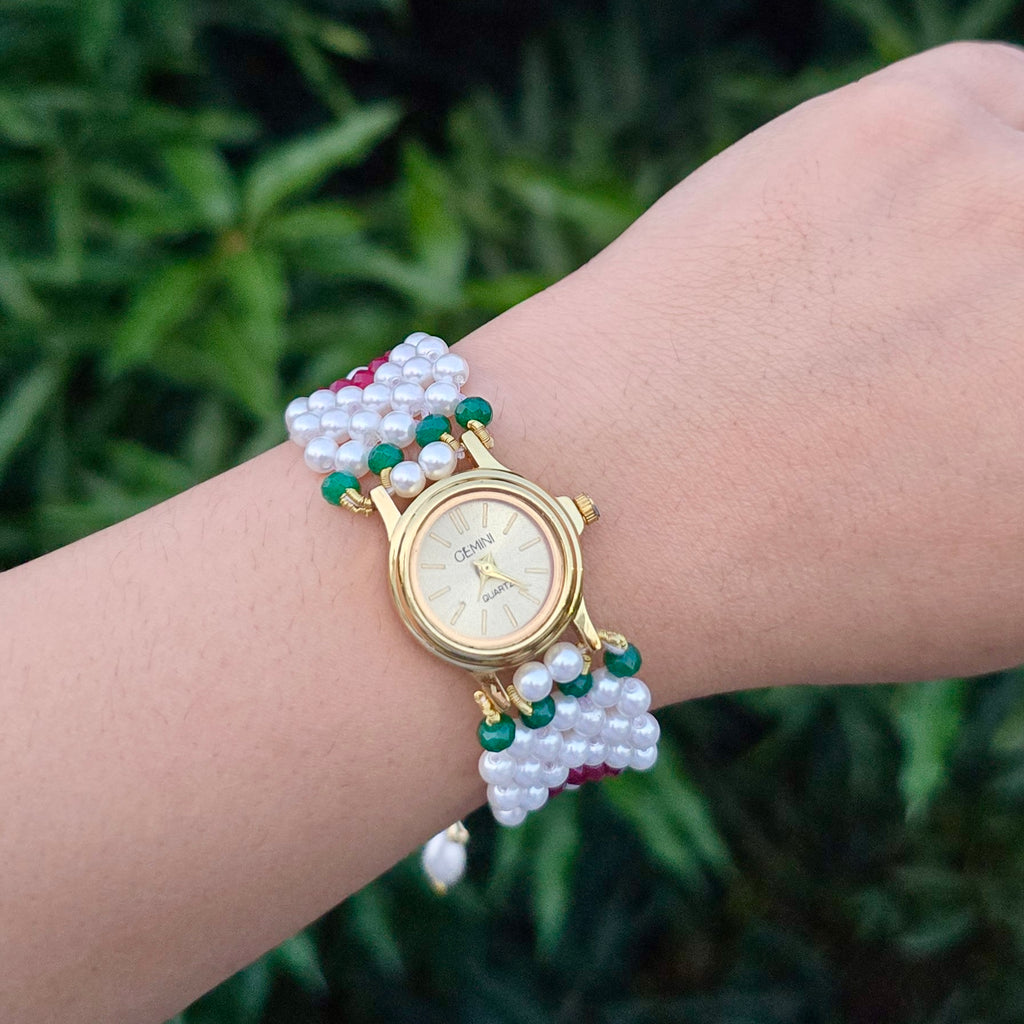 Red and Green Floral Pearl Beaded Watch