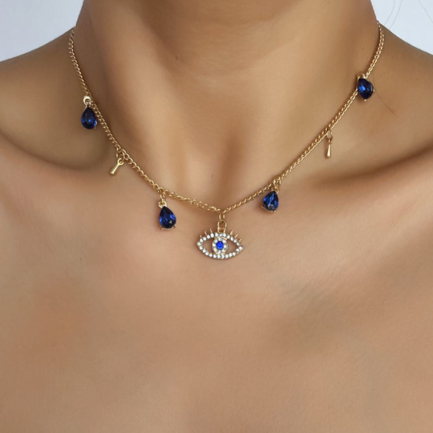 Blue Rhinestone Evil Eye Necklace