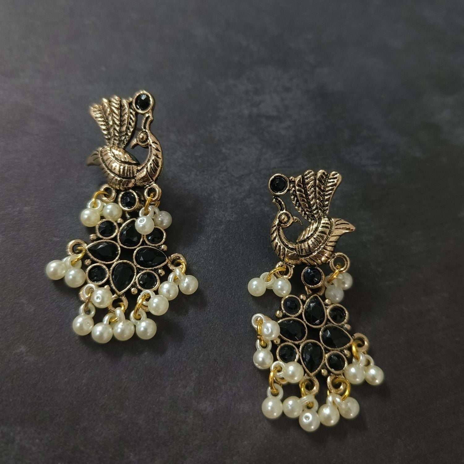 Peacock Earrings With Pearl Drops