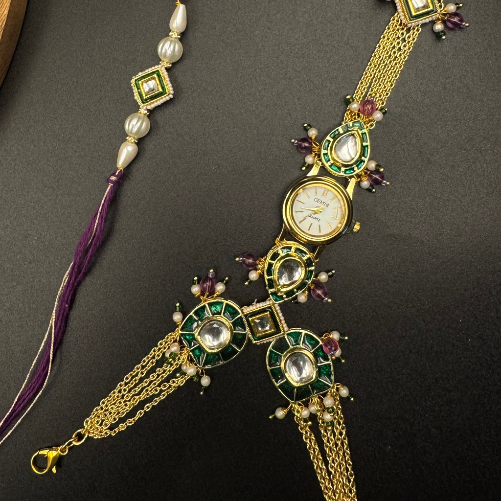 Meena Kundan Haathphool Watch Rakhi Combo