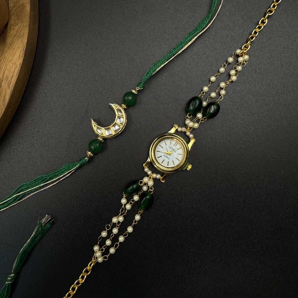 Green White Watch and Rakhi Combo