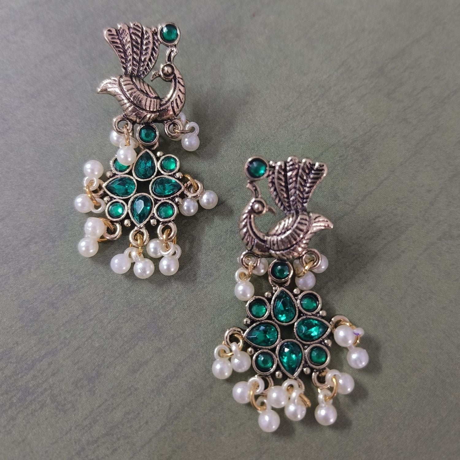 Peacock Earrings With Pearl Drops