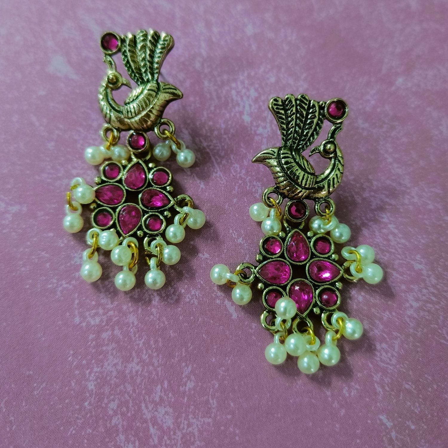 Peacock Earrings With Pearl Drops