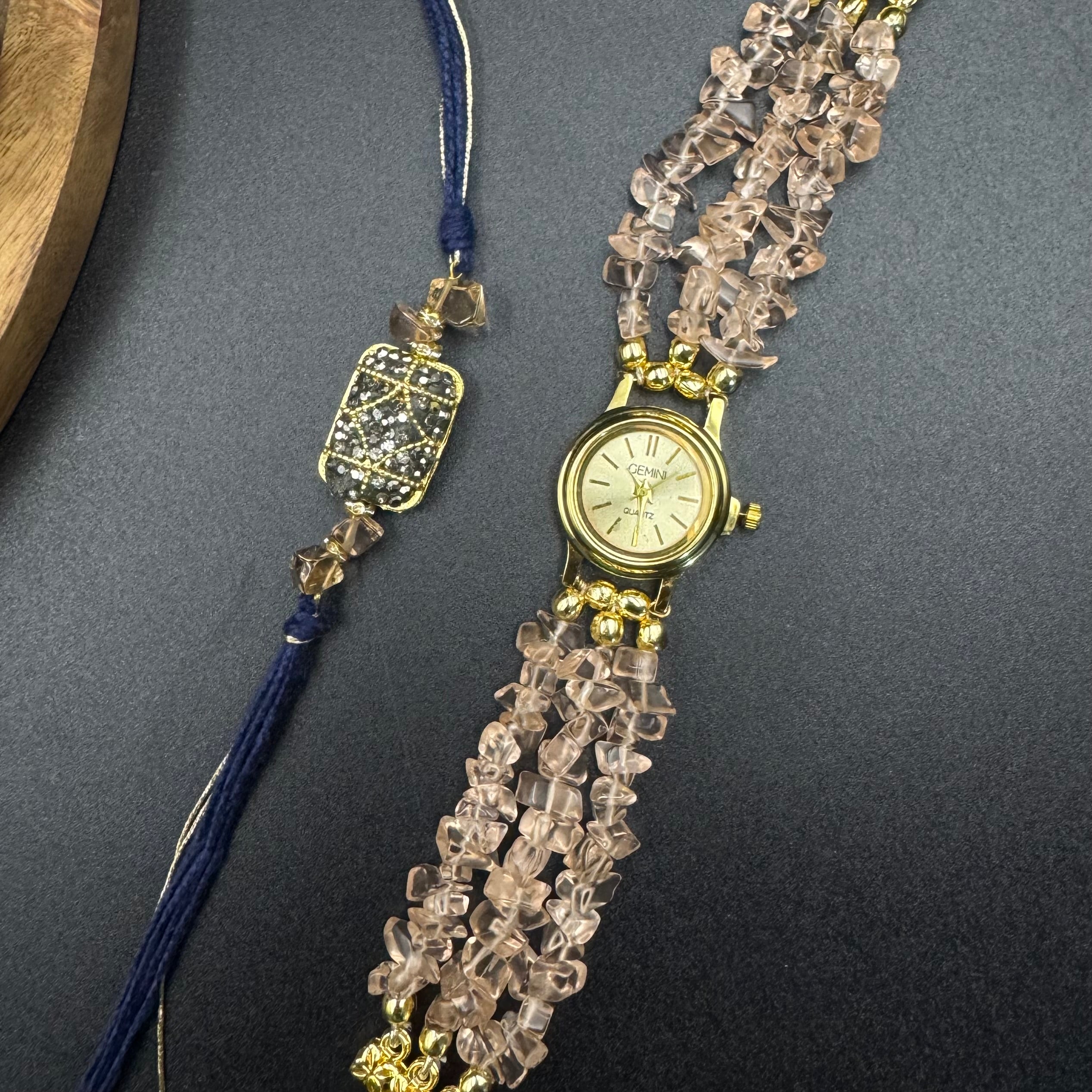 Pink Uncut Stones Watch and Rakhi Combo