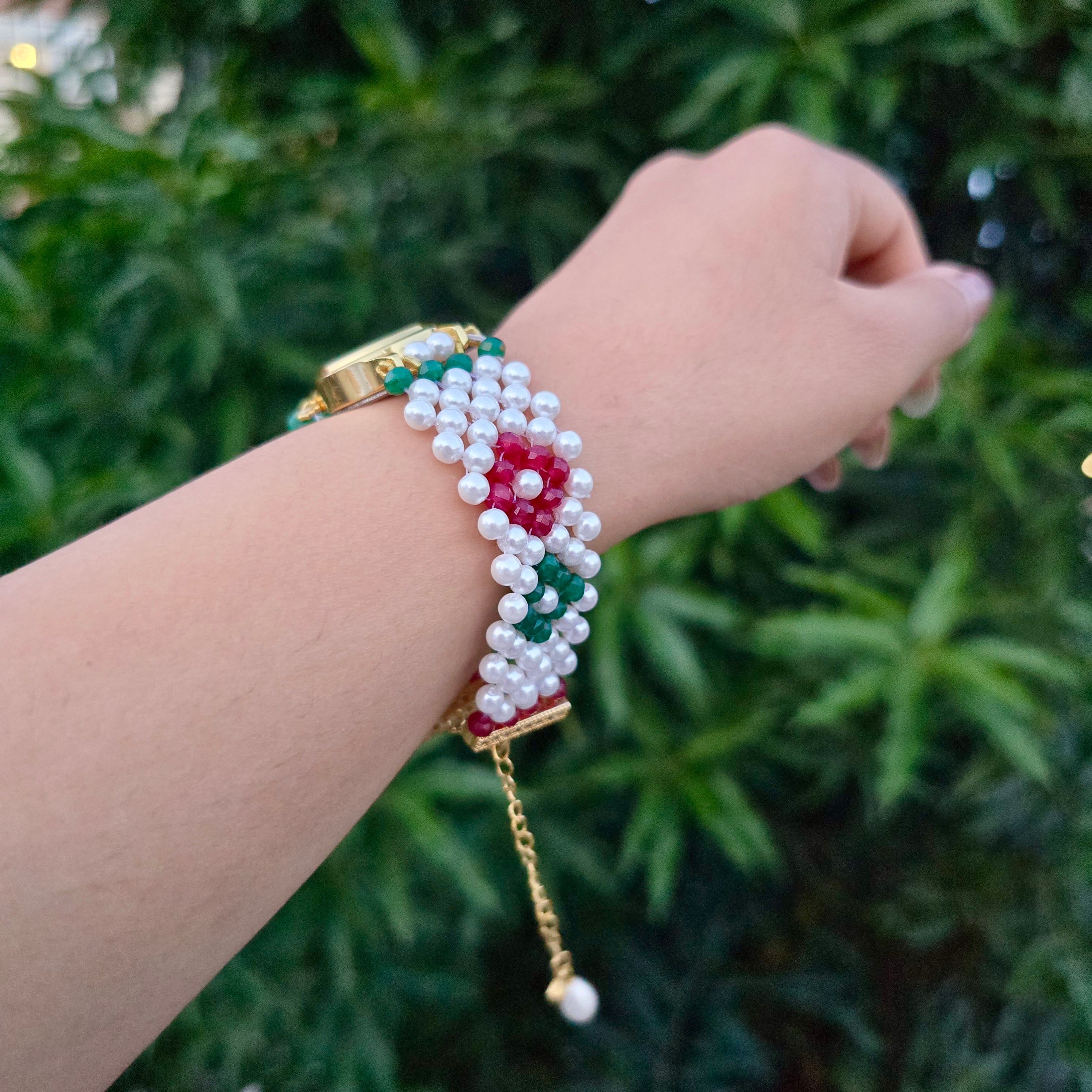 Red and Green Floral Pearl Beaded Watch