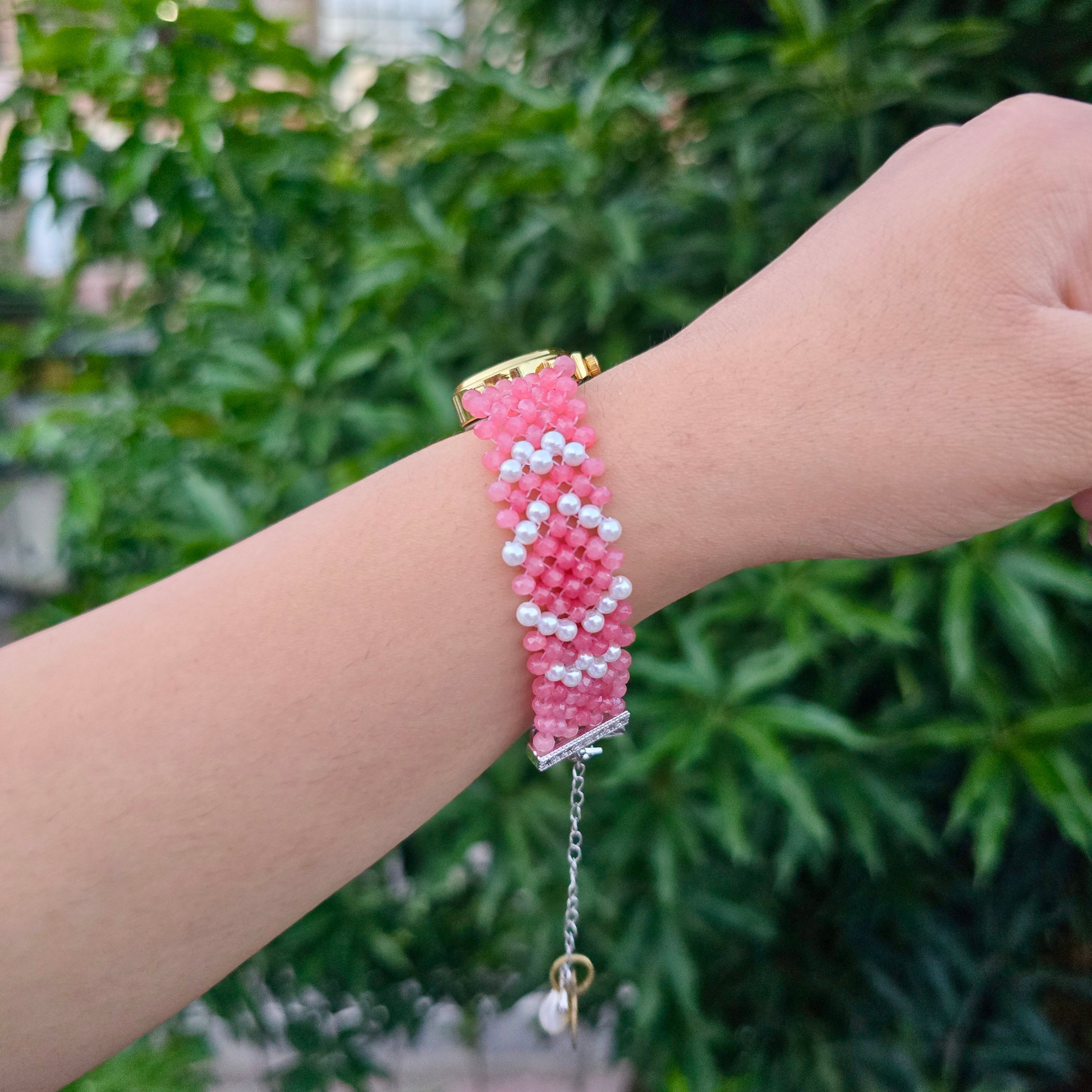 Rose Pink and White Beaded Watch