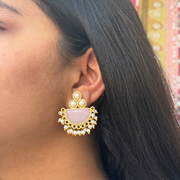 Pearl Studs With Semi-precious Stone