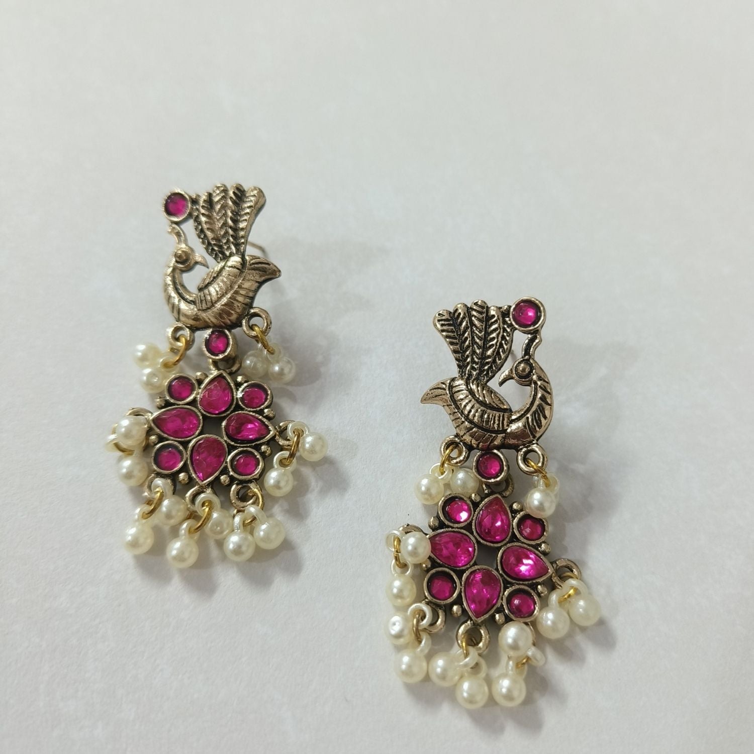 Peacock Earrings With Pearl Drops