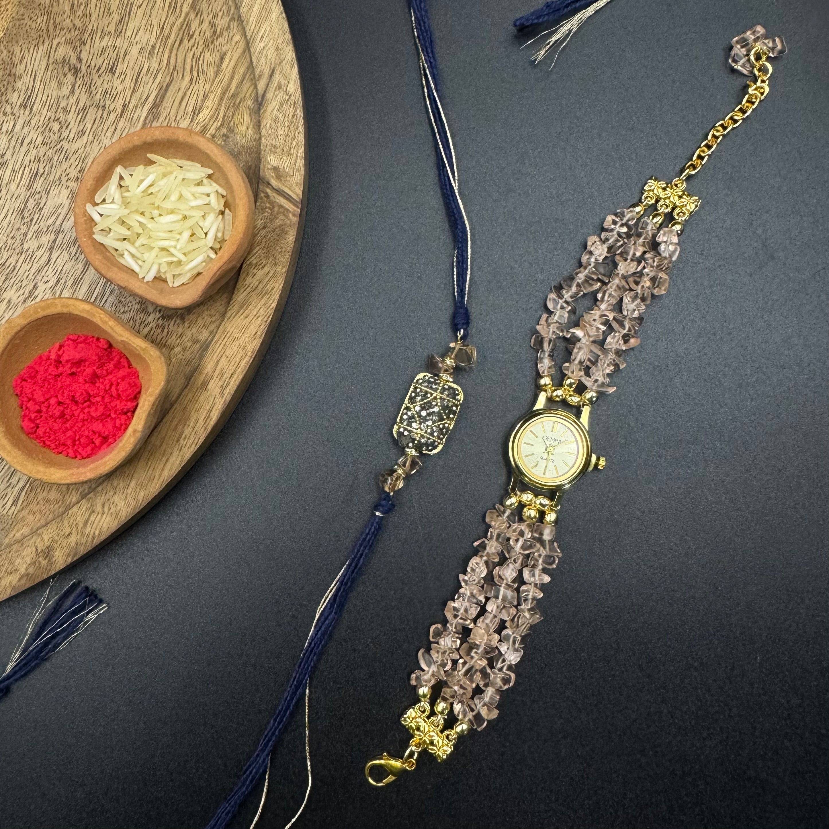 Pink Uncut Stones Watch and Rakhi Combo