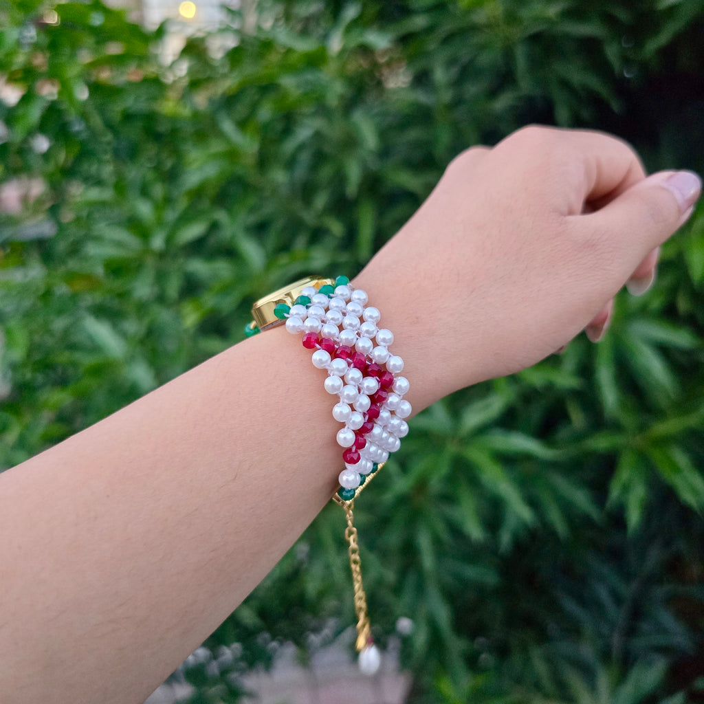 Red and Green Patterned Pearl Beaded Watch