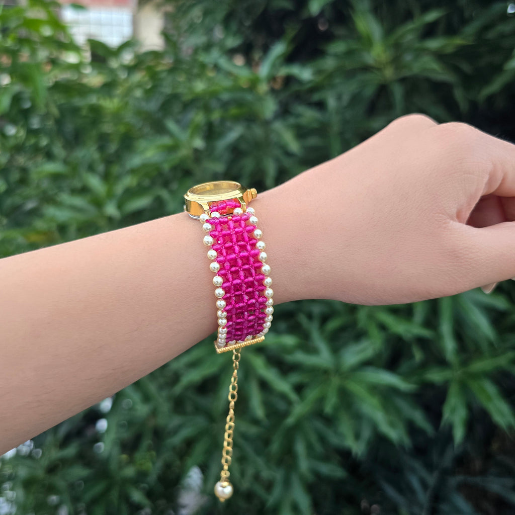 Pink Check Pattern with Pearls Beaded Watch