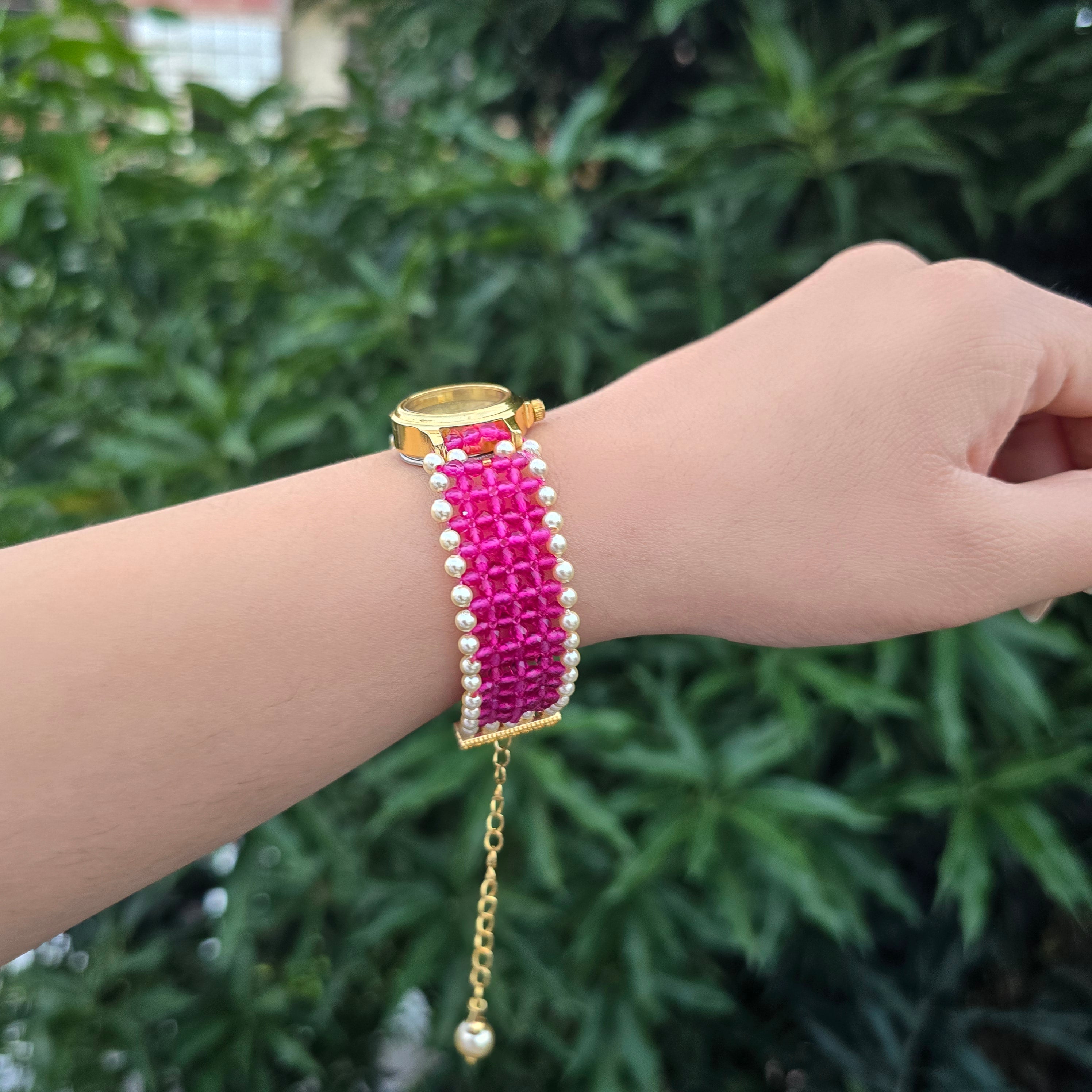 Pink Check Pattern with Pearls Beaded Watch