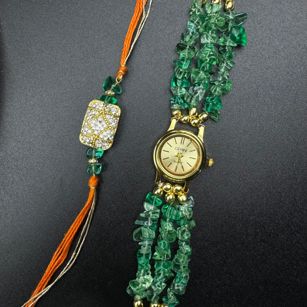 Green Uncut Stones Watch and Rakhi Combo