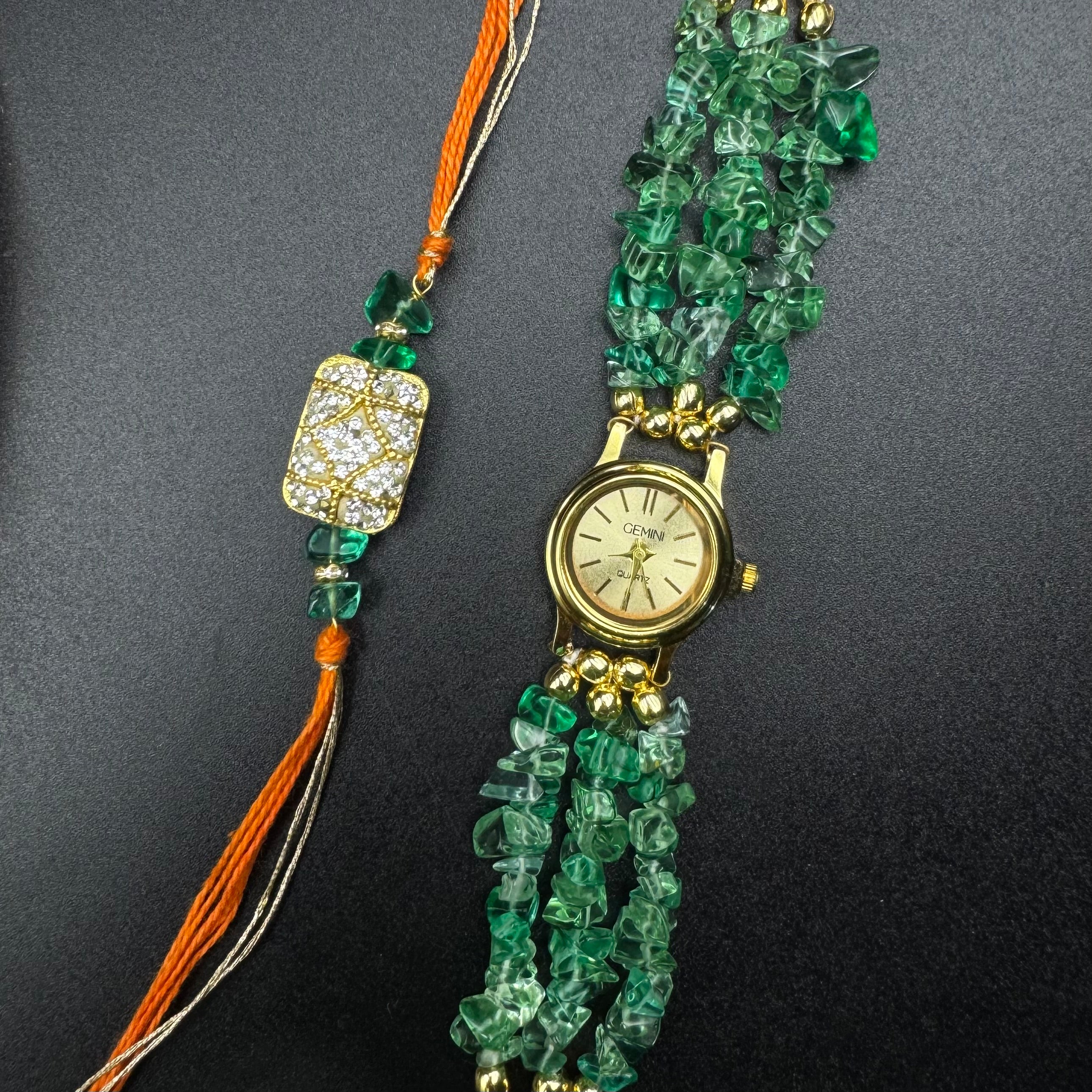 Green Uncut Stones Watch and Rakhi Combo