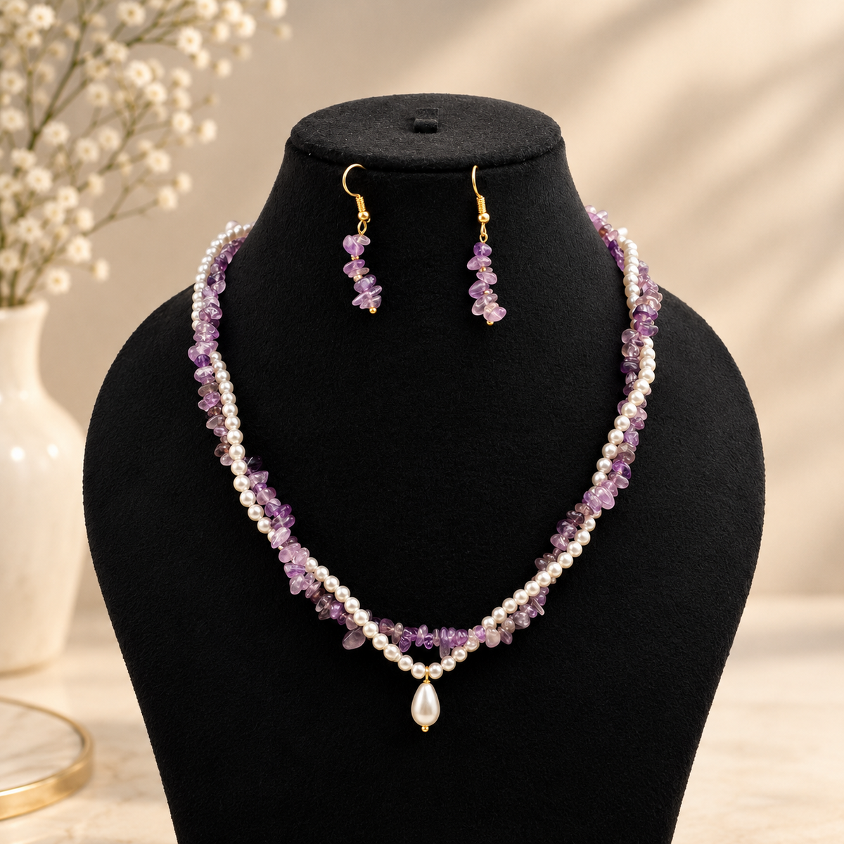 Uncut Amethyst and Pearls Twisted Necklace with earrings