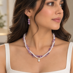 Uncut Amethyst and Pearls Twisted Necklace with earrings