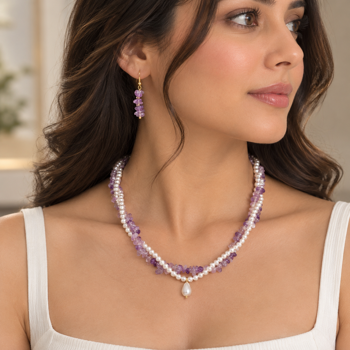 Uncut Amethyst and Pearls Twisted Necklace with earrings