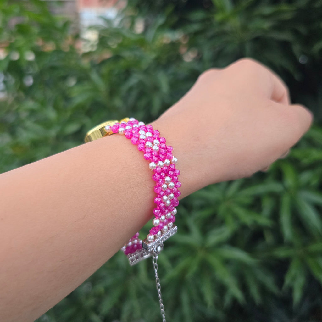 Pink and White Patterned Beaded Watch